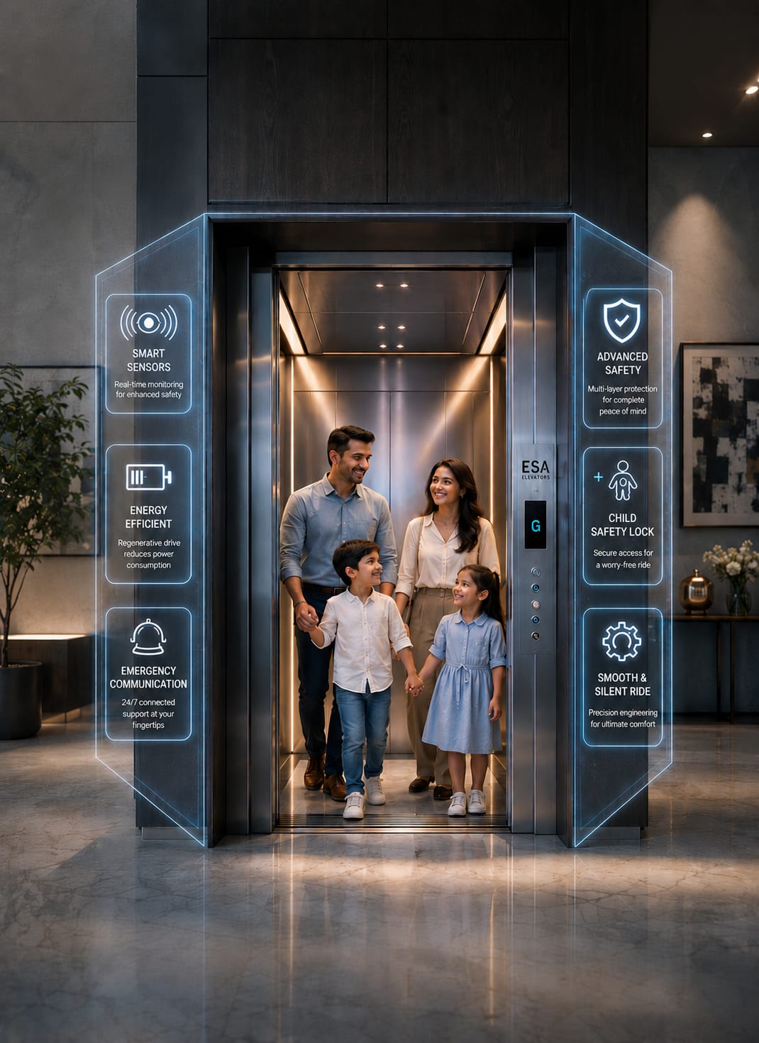 ESA elevator with family — smart sensors, energy-efficient drive, emergency communication, advanced safety, child safety lock, smooth & silent ride