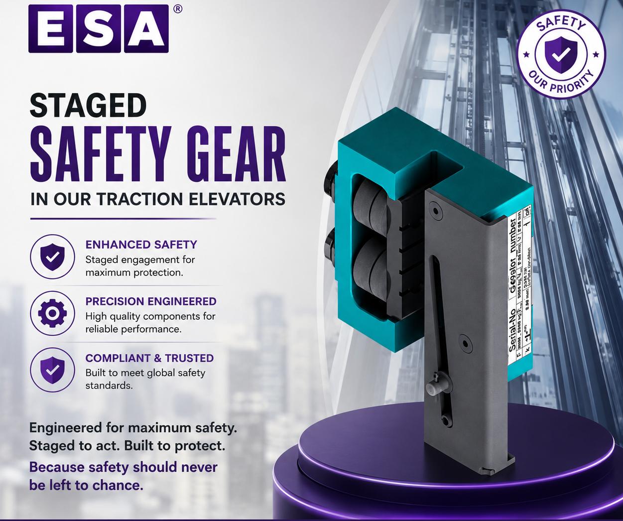ESA staged safety gear — speed-governor brake for traction elevators