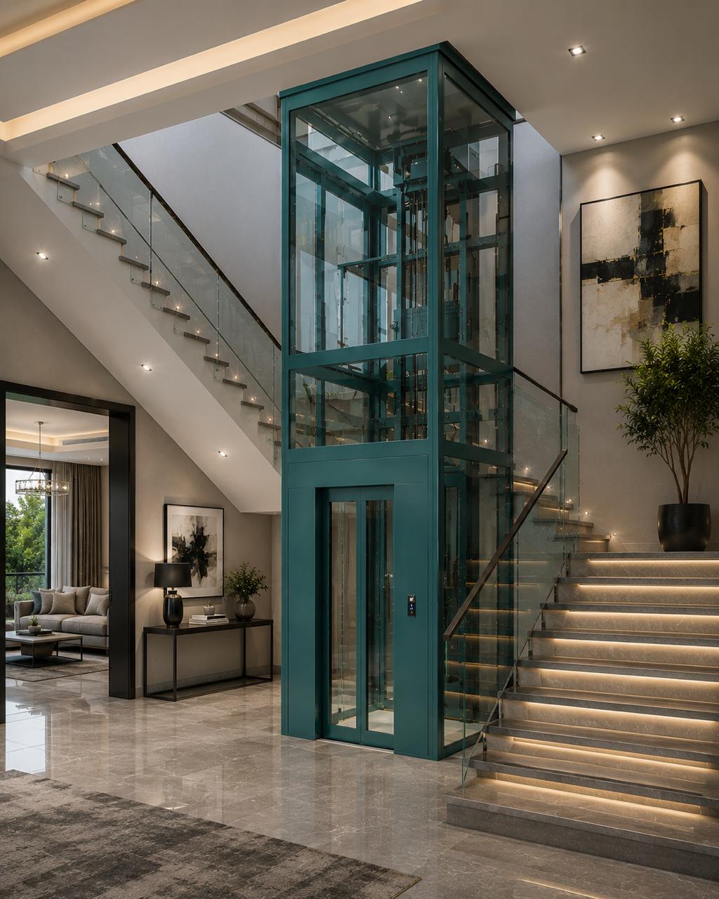 ESA home elevator in luxury foyer with glass shaft